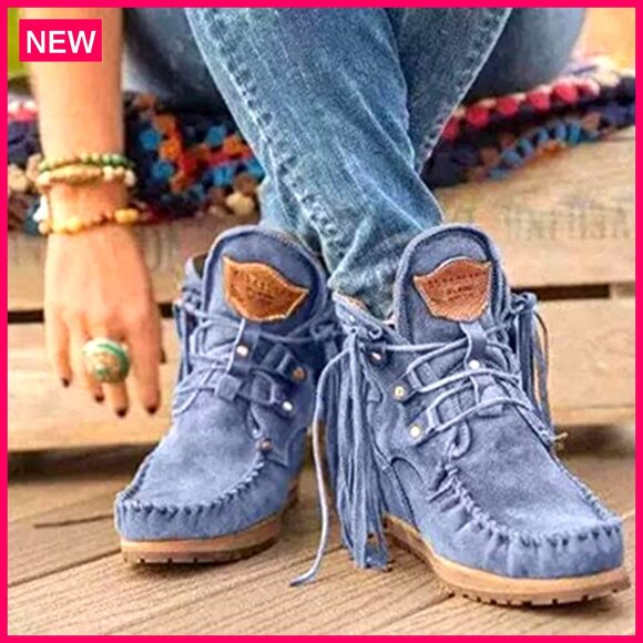 Vintage Fringed Ankle Booties Lightweight Suede Mocc Up Casual - Picture 6 of 7